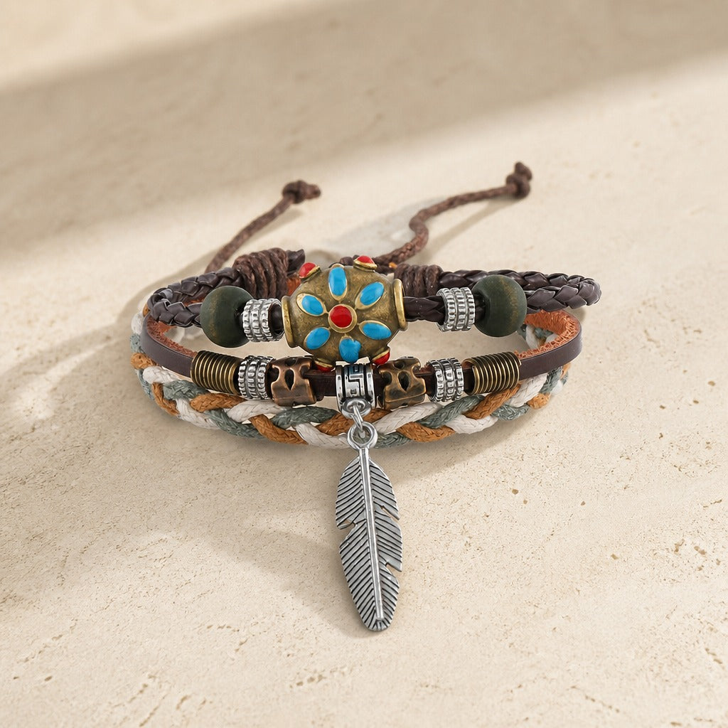 Pulsera boho de cuero en capas estilo retro – imagen 2