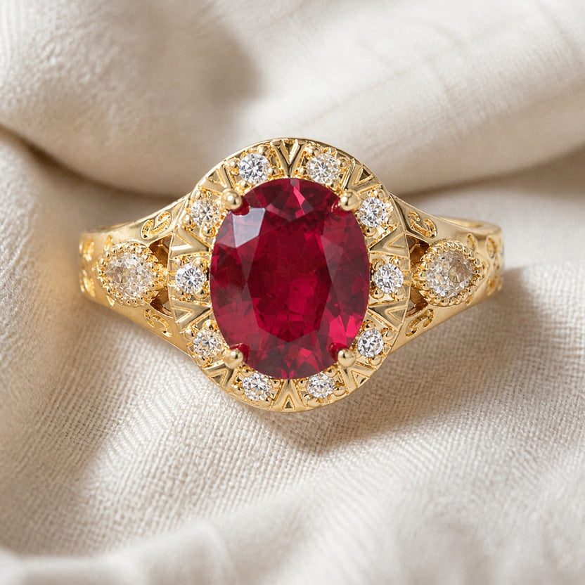 Anillo protagonista Ruby Halo con nudo