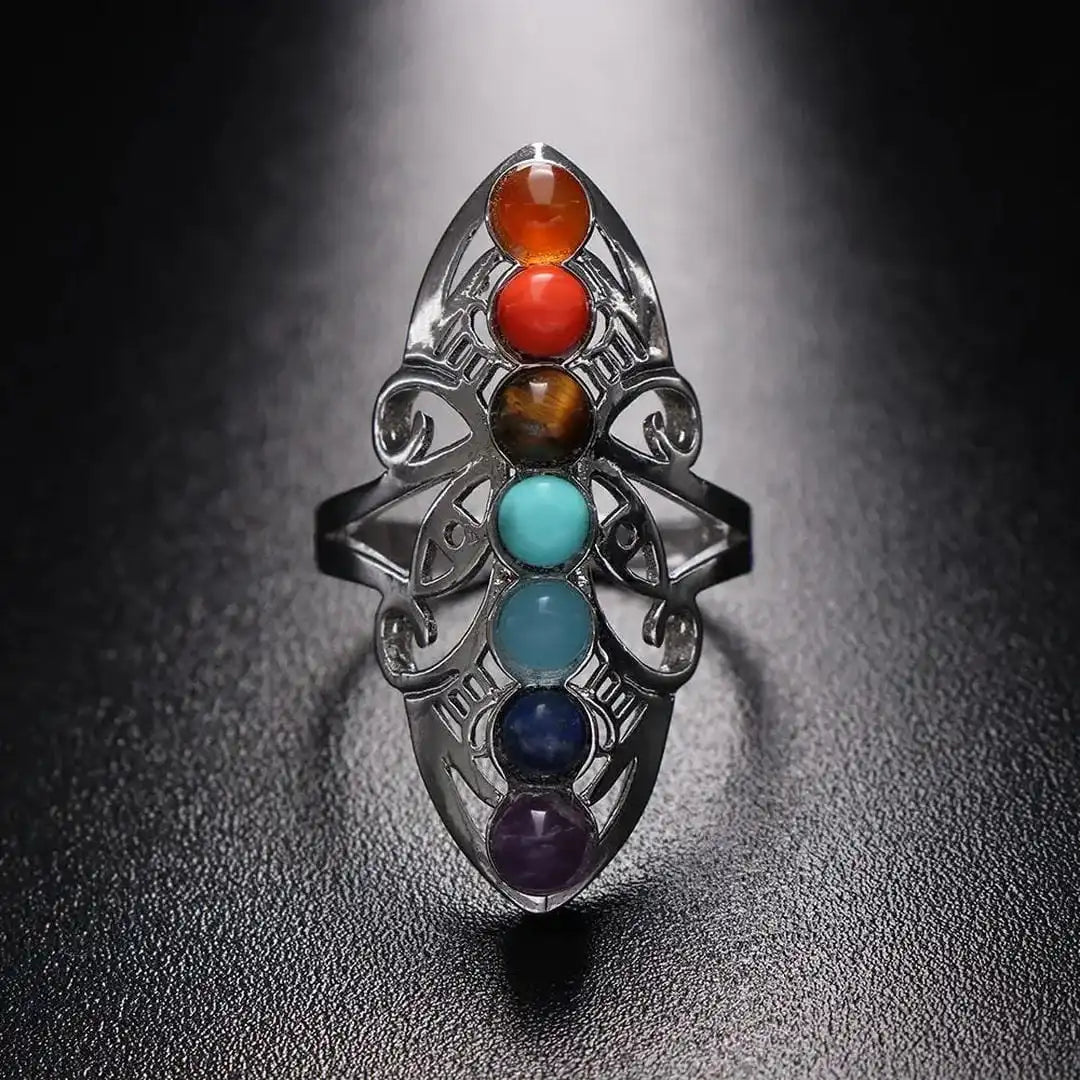 Anillo ajustable de plata con siete piedras chakra