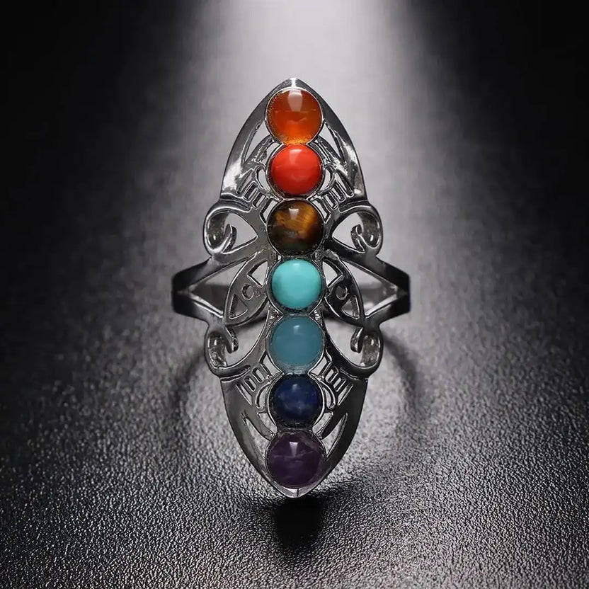 Anillo ajustable de plata con siete piedras chakra