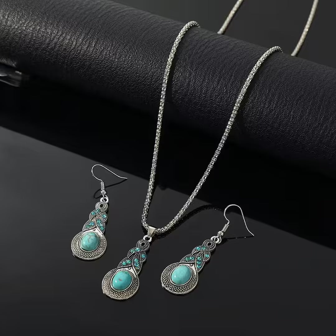 Conjunto vintage de collar con colgante de turquesa y pendientes – imagen 2