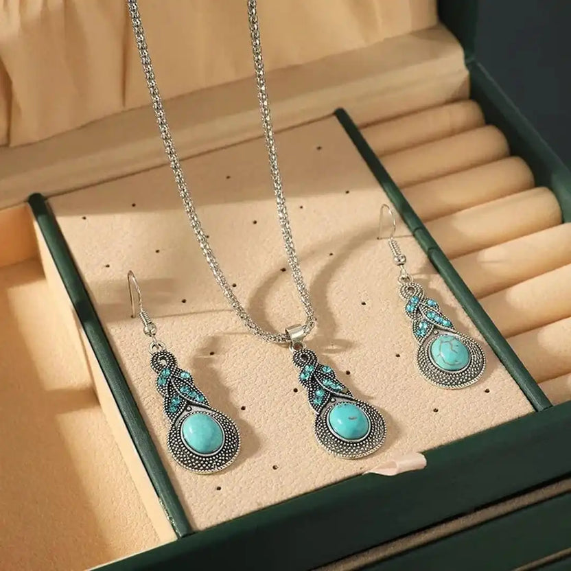 Conjunto vintage de collar con colgante de turquesa y pendientes