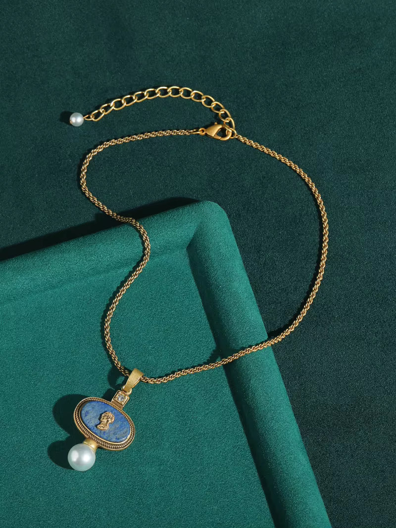 Conjunto de collar y pendientes camafeo de lapislázuli antiguo – imagen 2
