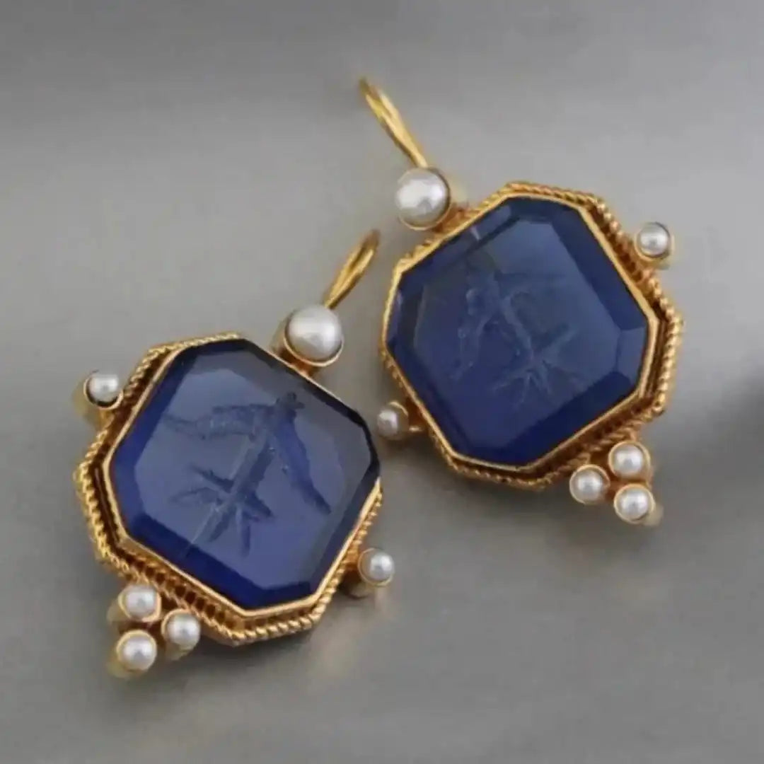 Pendientes colgantes vintage geométricos con perla – imagen 4