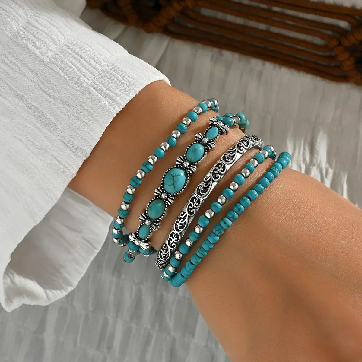 Set de pulseras bohemias de turquesa con cuentas