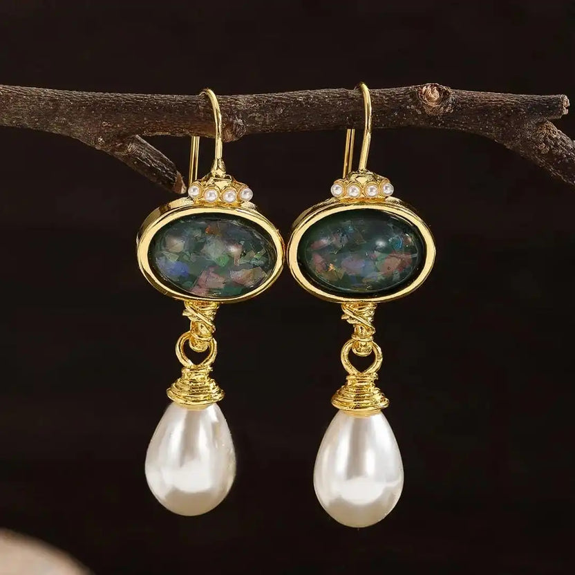 Pendientes geométricos de piedra negra y perla