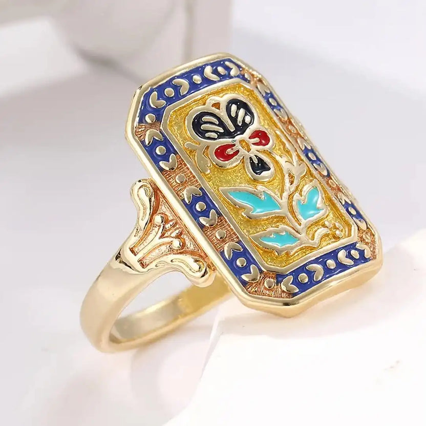 Anillo floral vintage de esmalte llamativo