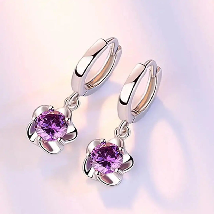 Pendientes de plata de ley con circonita morada y blanca