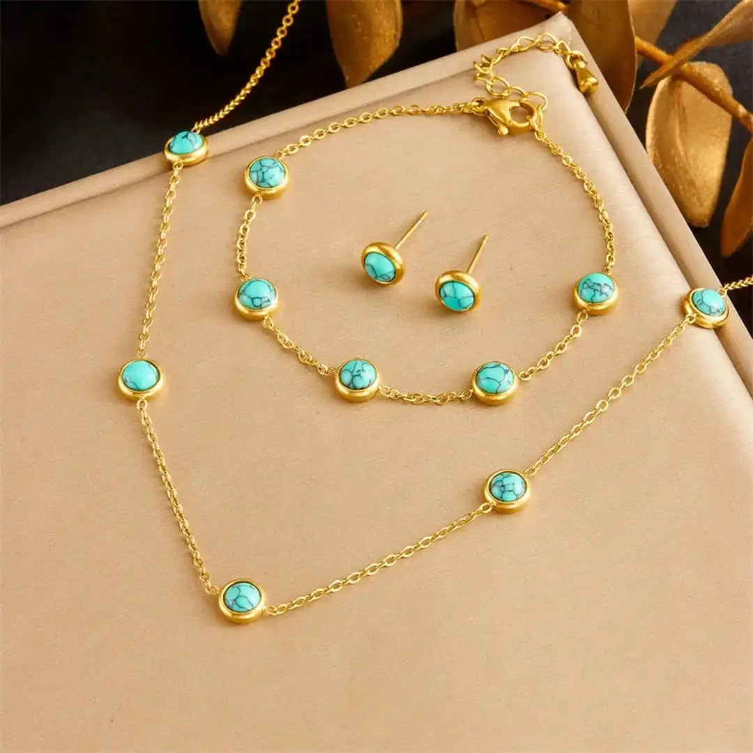 Set bohemio de collar, pendientes y pulsera en plata con turquesa