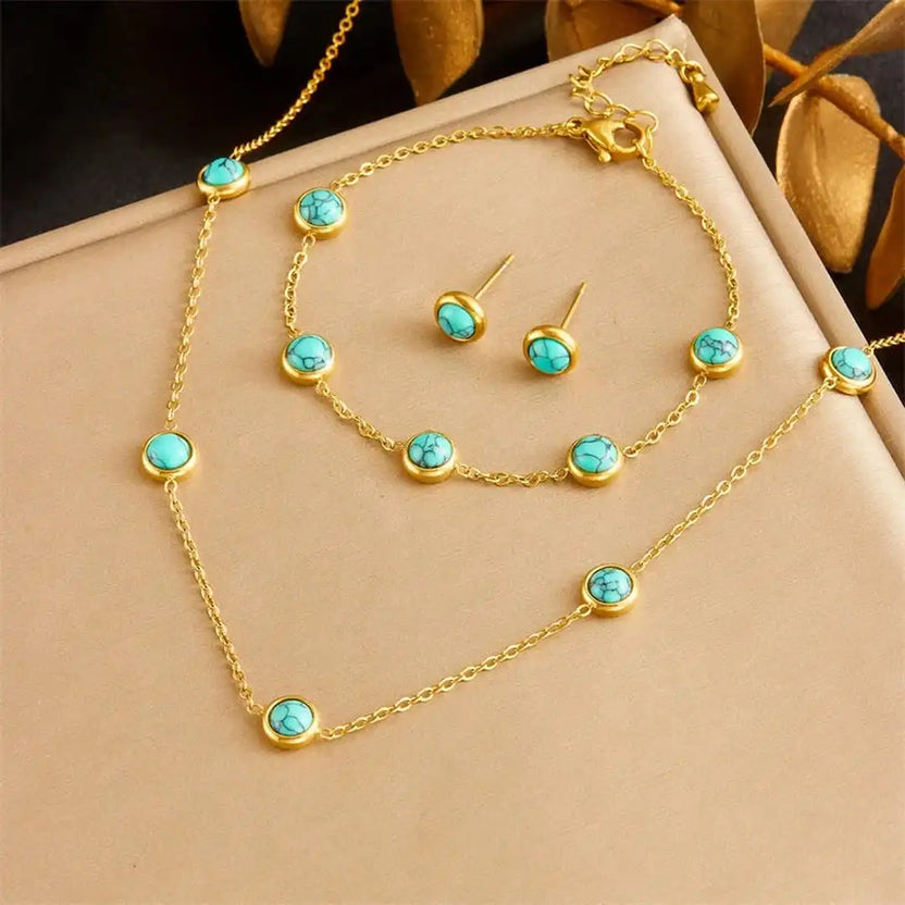 Set bohemio de collar, pendientes y pulsera en plata con turquesa