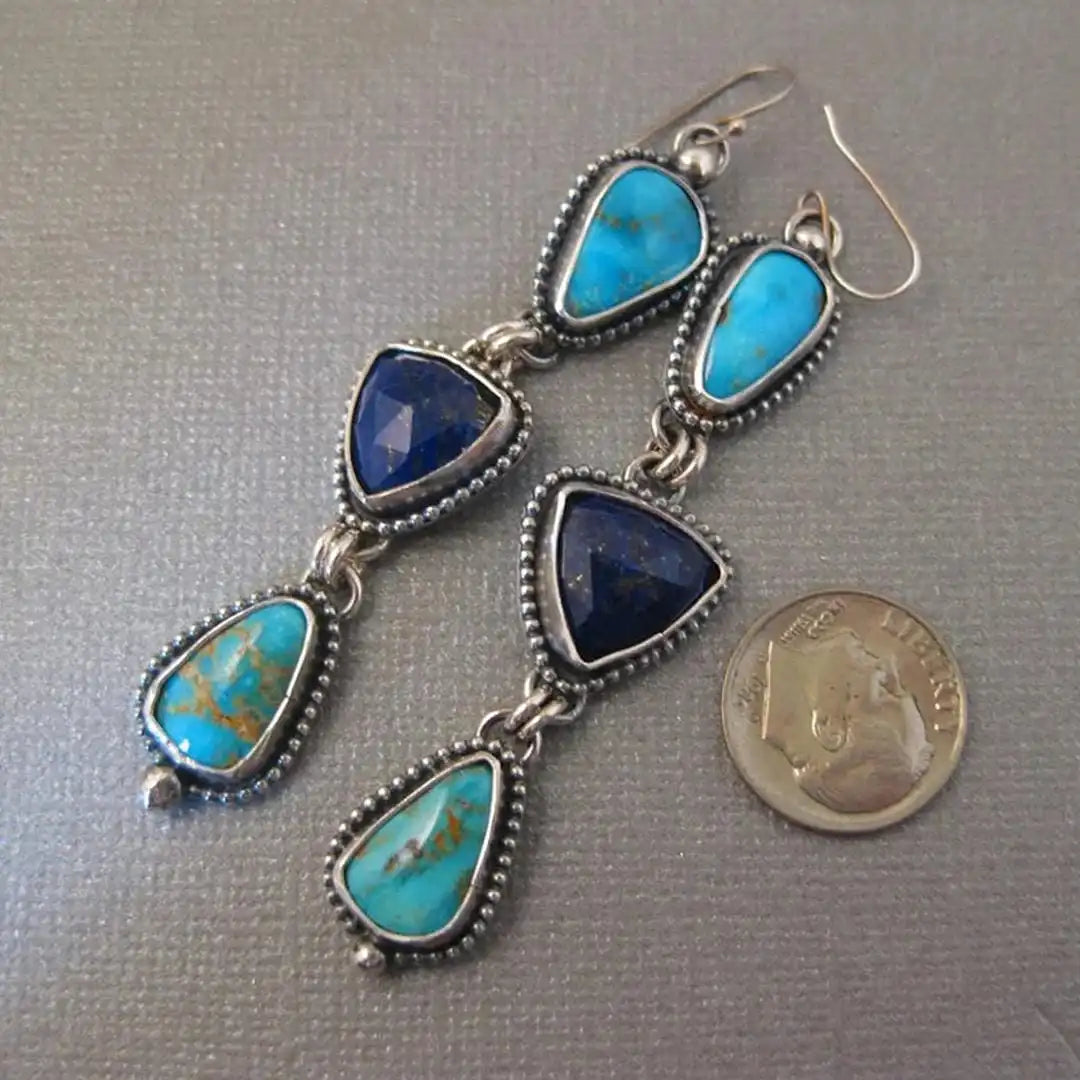 Pendientes largos bohemios de plata con turquesa – imagen 2