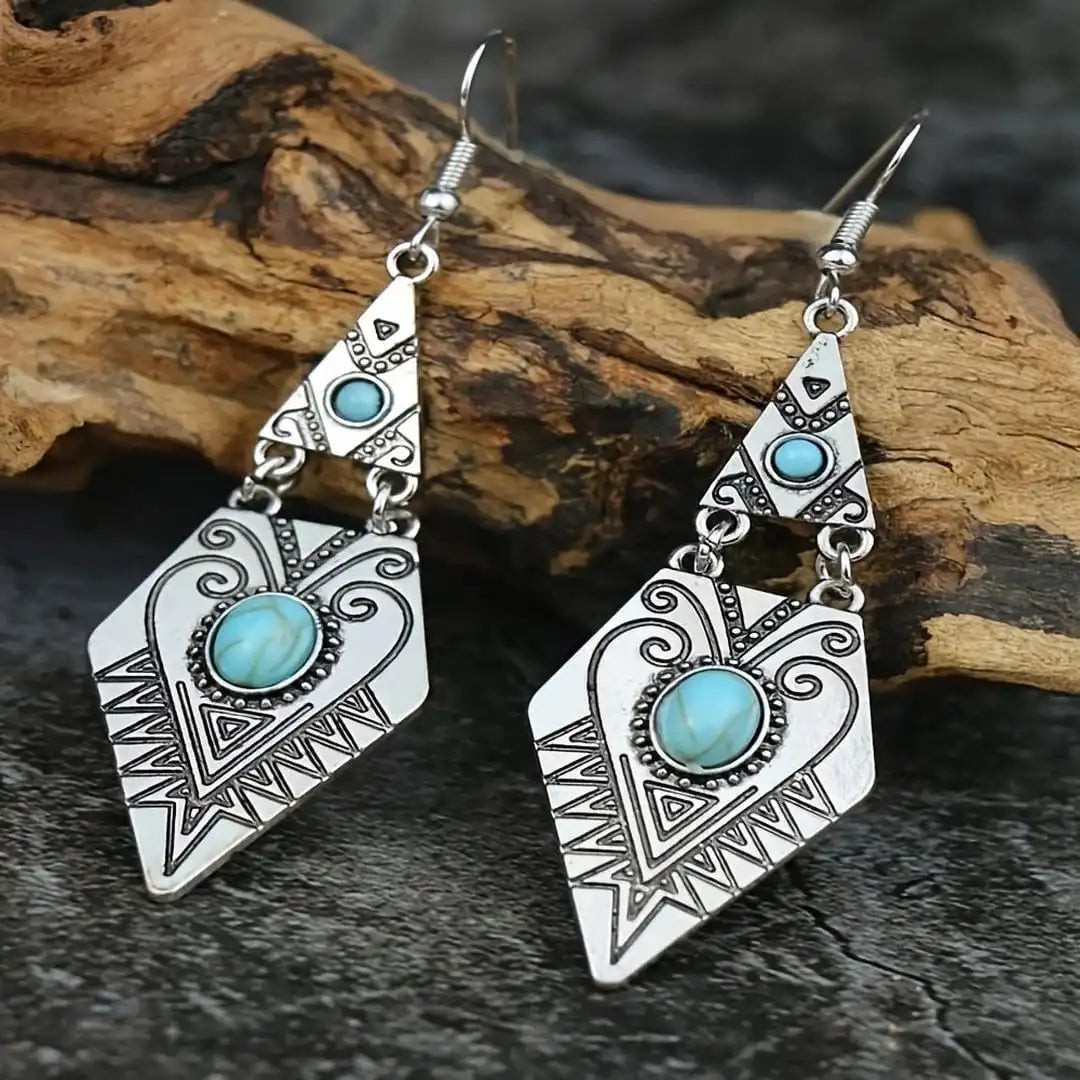 Pendientes vintage bohemios de turquesa en forma de rombo – imagen 2