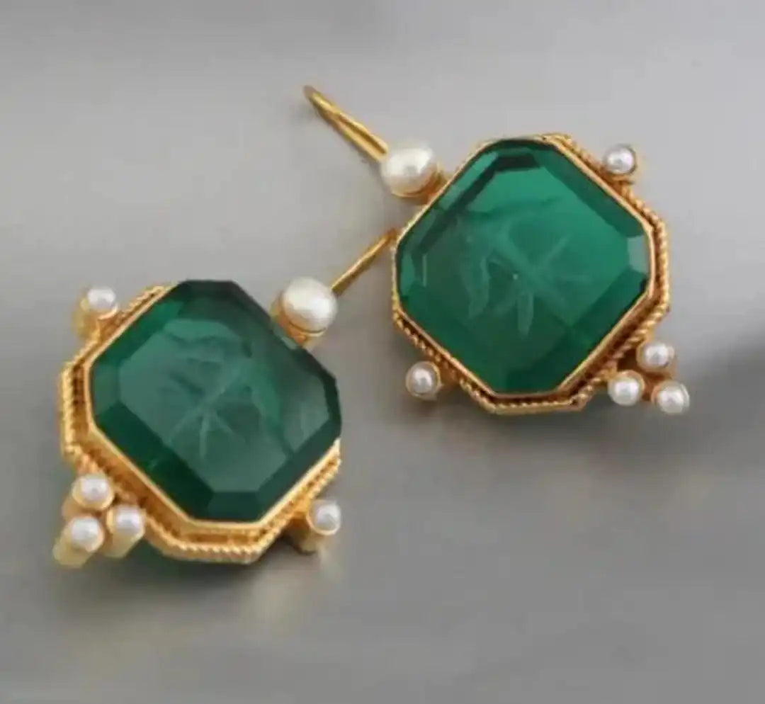 Pendientes colgantes vintage geométricos con perla – imagen 7