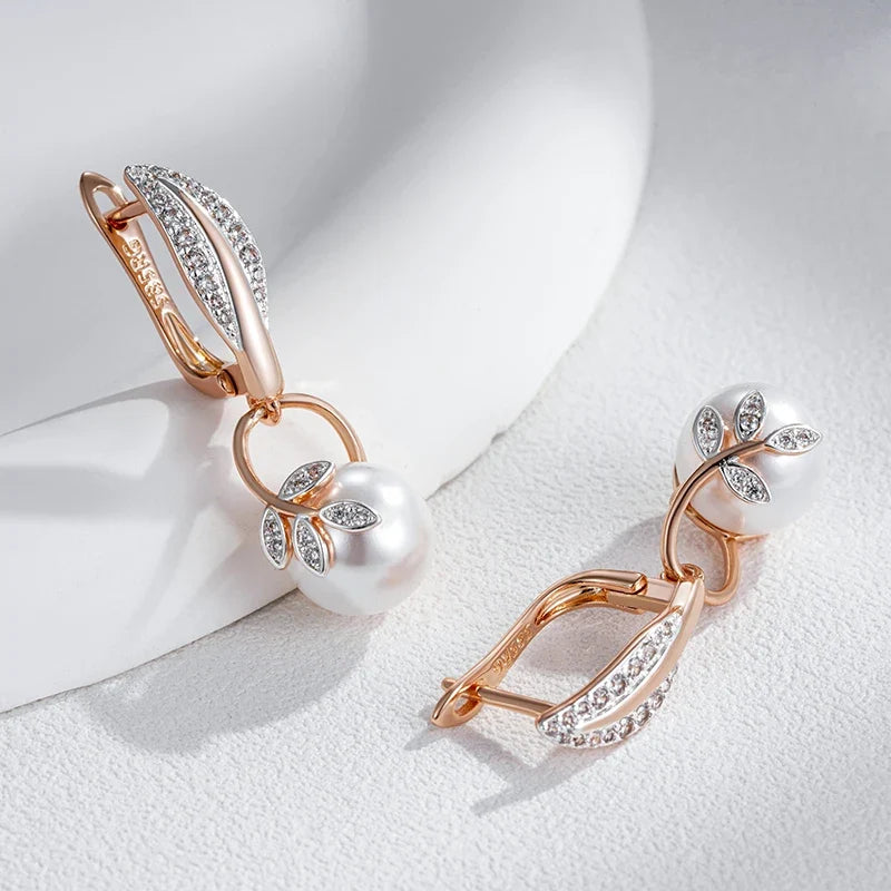 Pendientes colgantes de hoja con cristal y perla – imagen 2