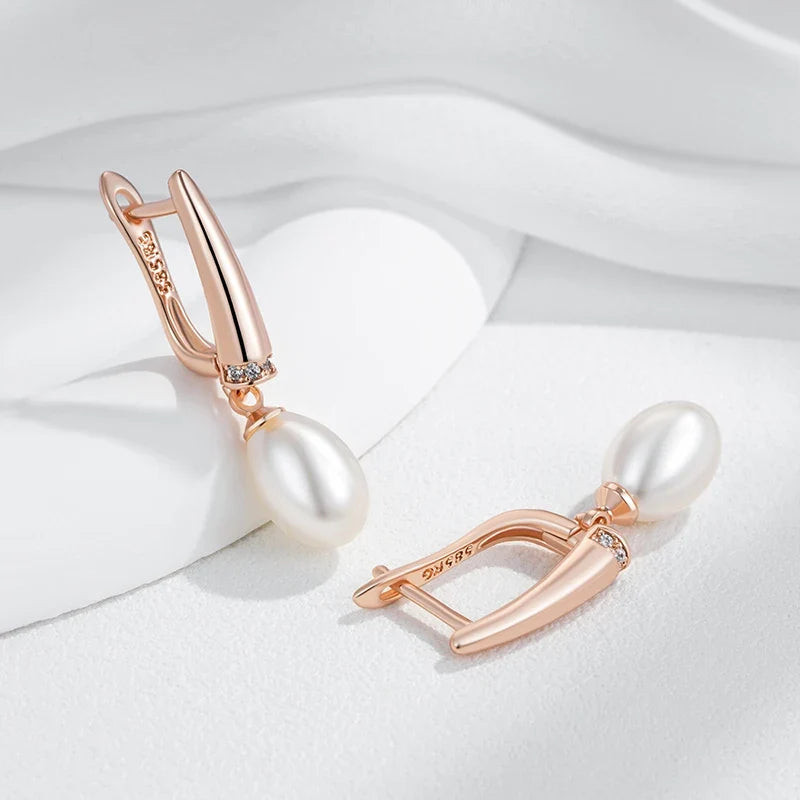 Pendientes elegantes de oro rosa con perla colgante – imagen 2