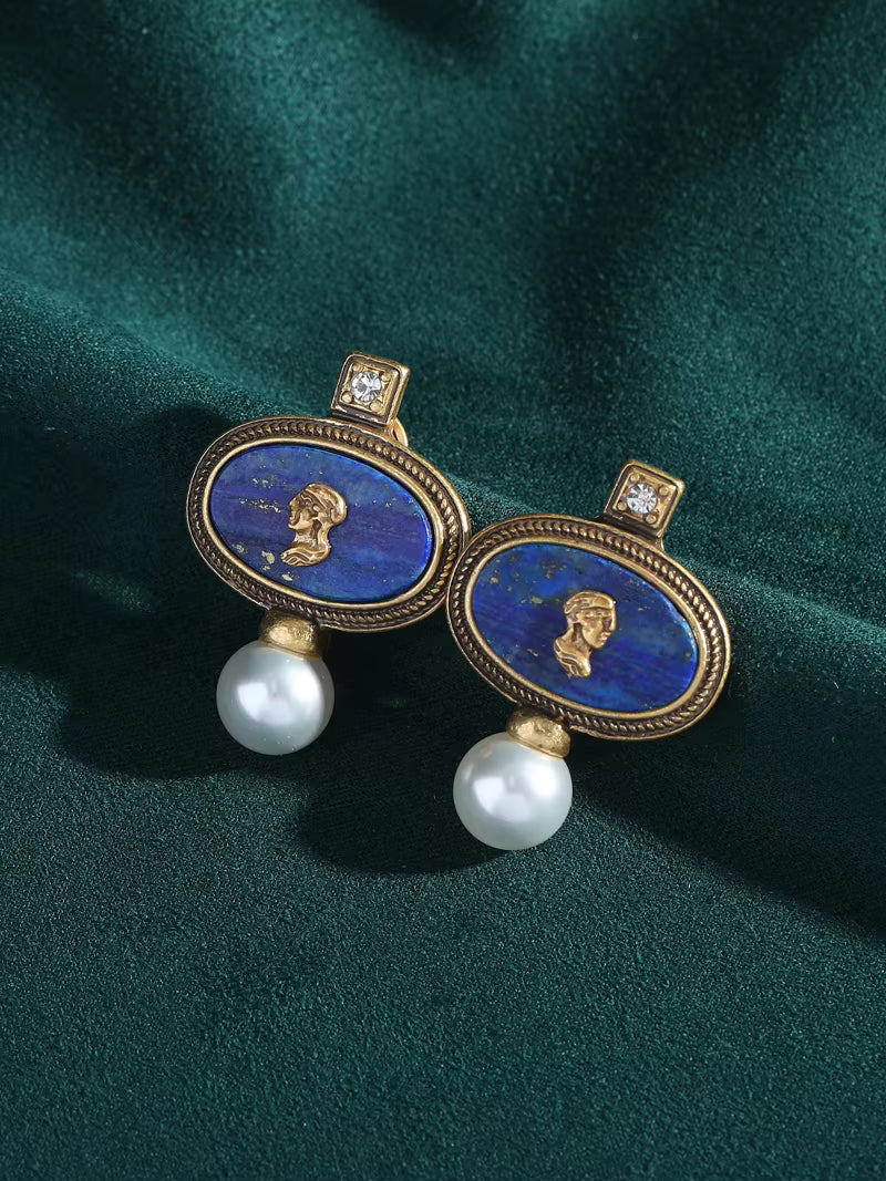 Conjunto de collar y pendientes camafeo de lapislázuli antiguo – imagen 3