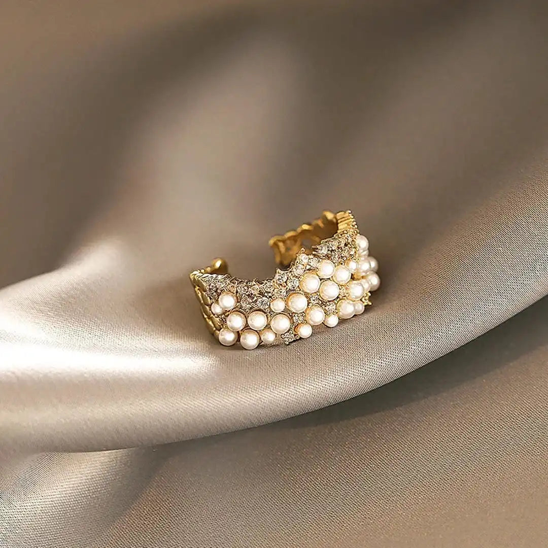 Anillo vintage ajustable de perla y circonita