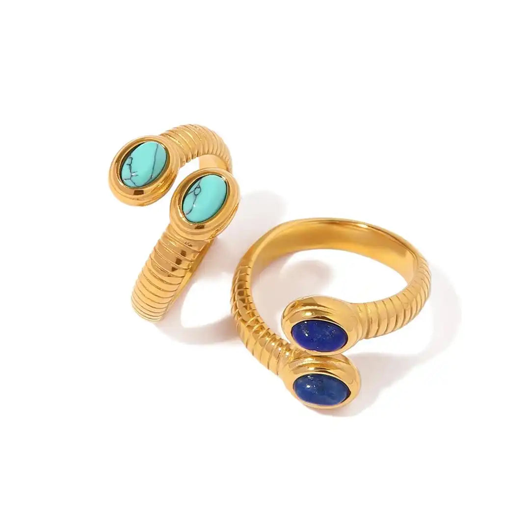 Anillo bohemio ajustable de oro con lapislázuli y turquesa – imagen 4