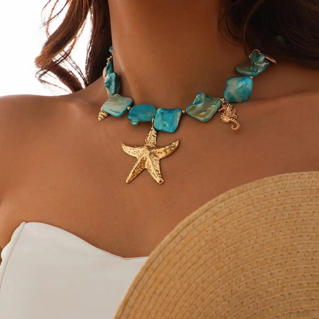 Collar boho con colgante de estrella de mar de piedra – imagen 2