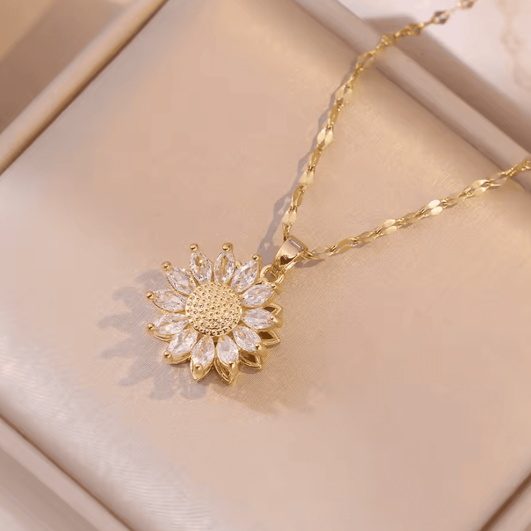 Set de collar y pendientes de girasol en circonita, plata de tendencia – imagen 3