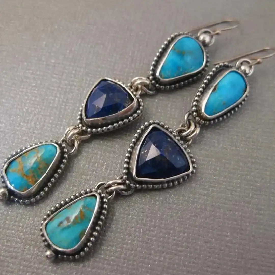 Pendientes largos bohemios de plata con turquesa