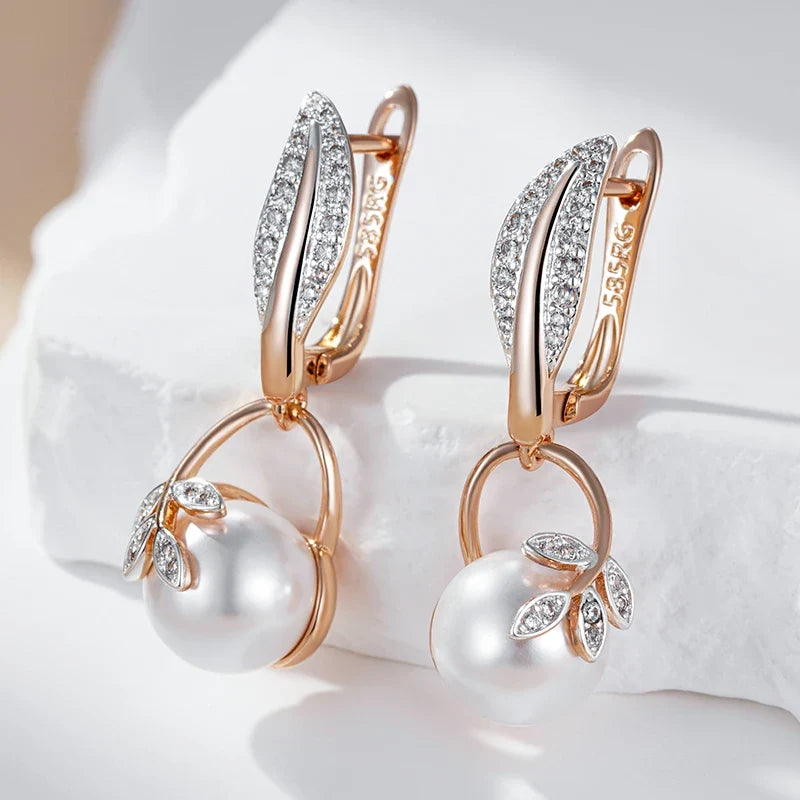 Pendientes colgantes de hoja con cristal y perla