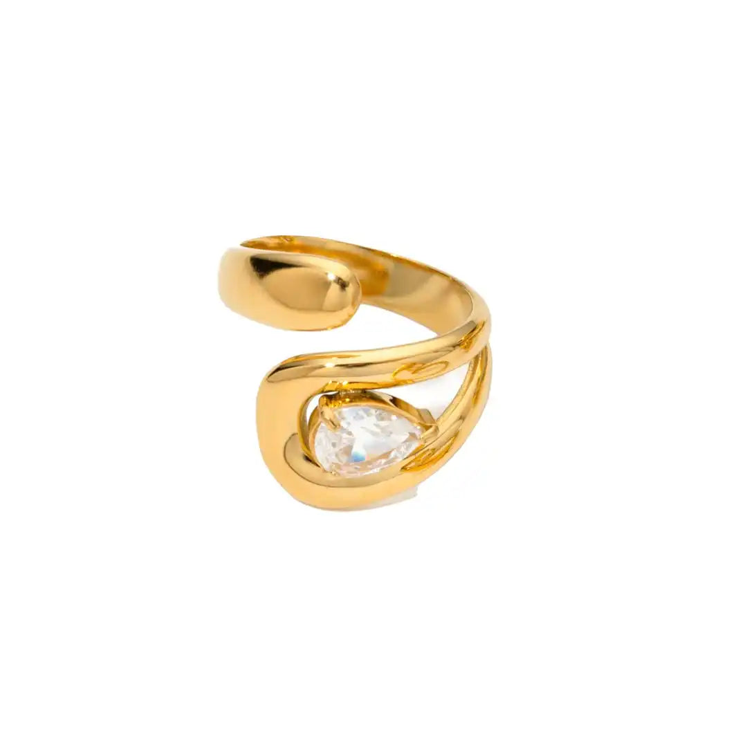 Anillo atemporal de circonita en forma de gota de agua dorado – imagen 4