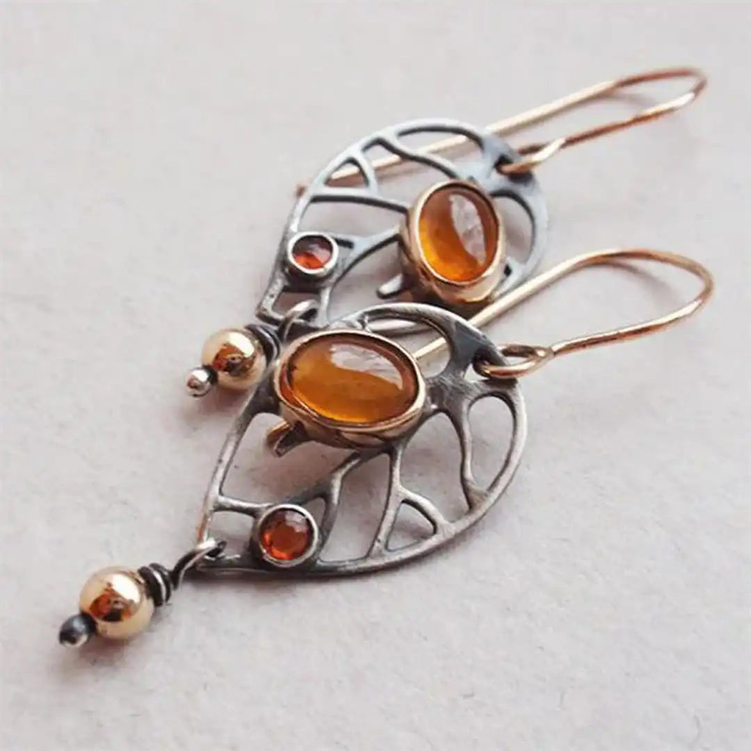 Pendientes colgantes vintage de plata con hoja y ámbar