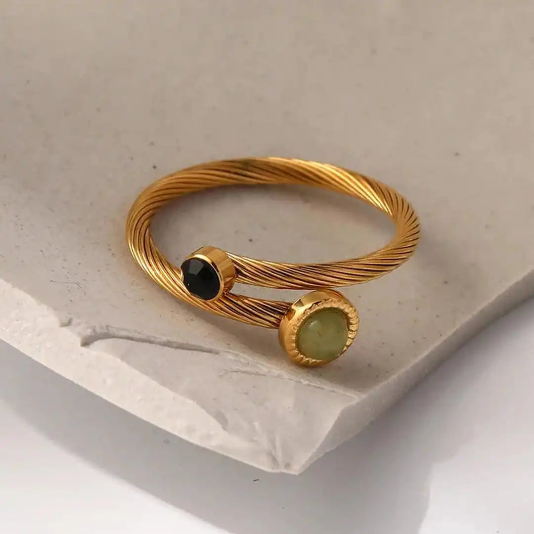 Anillo ajustable de piedra natural verde y negra