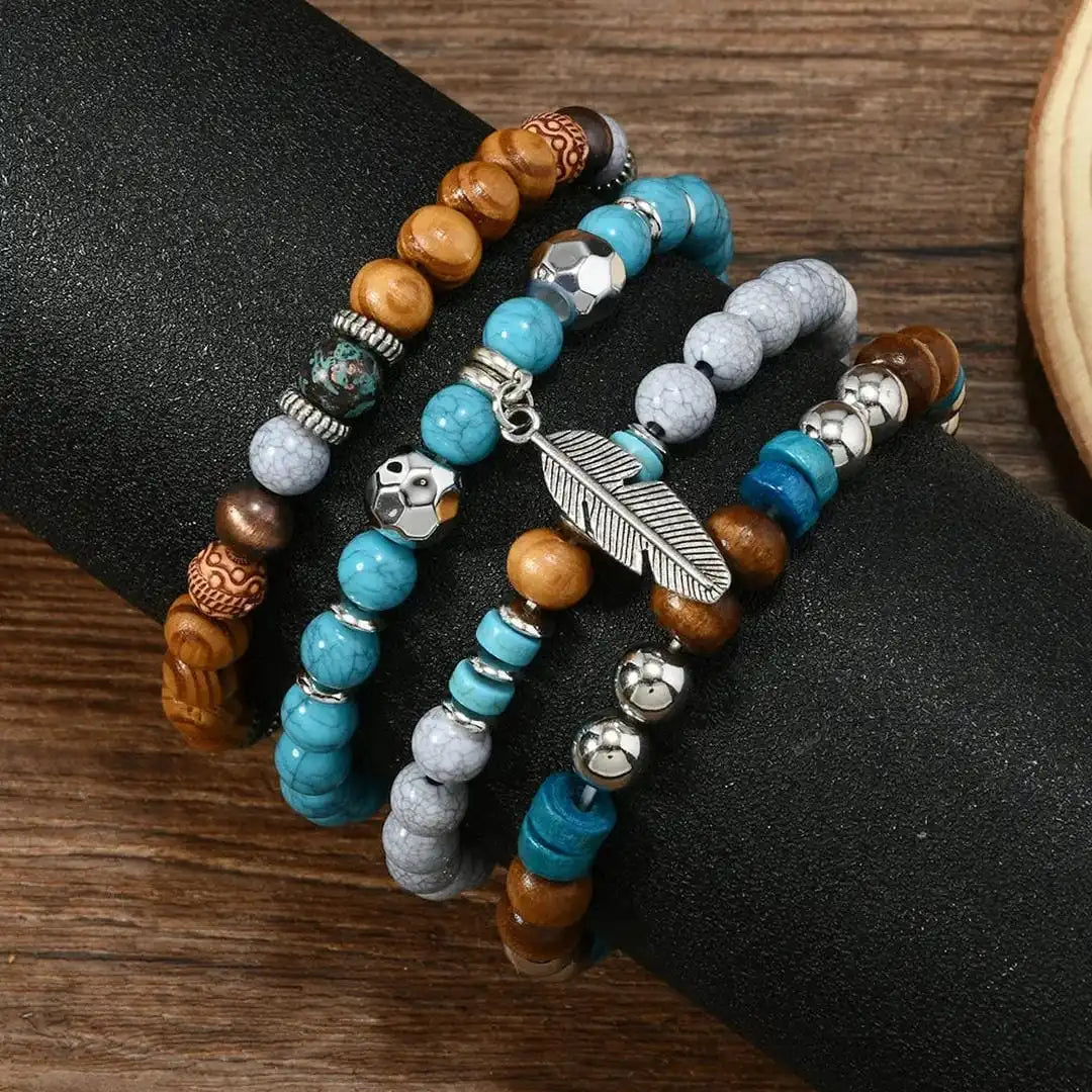 Pulsera bohemia turquesa de cuentas con pluma – imagen 2