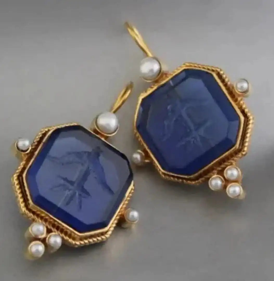 Pendientes colgantes vintage geométricos con perla – imagen 5