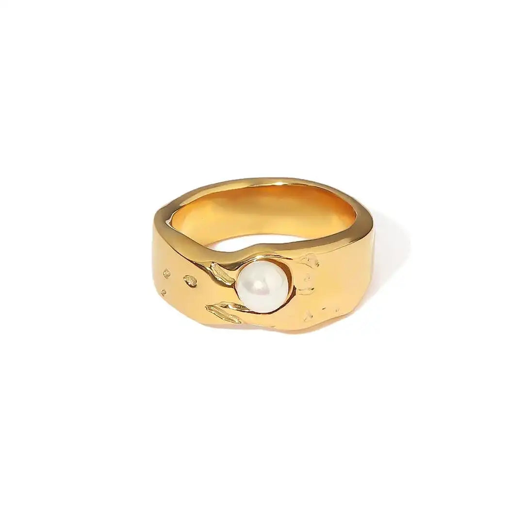 Anillo de banda de oro fundido con perla – imagen 3
