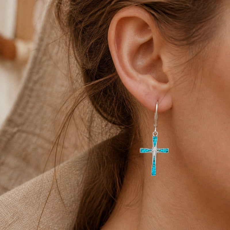 Pendientes de cruz de turquesa plateados