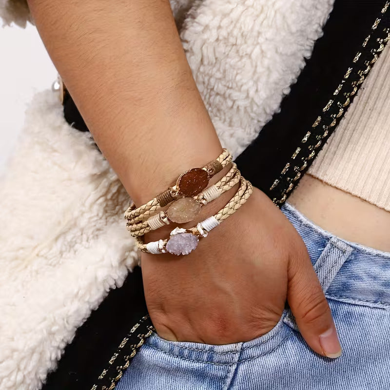 Pulsera trenzada multicapa de tres piedras