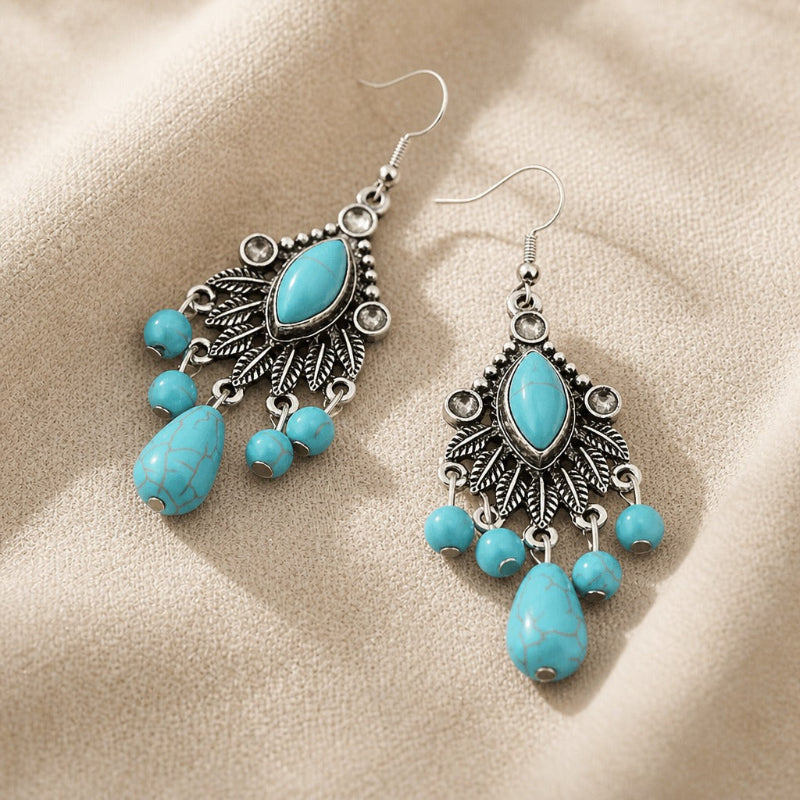 Pendientes largos de turquesa estilo lámpara con borla – imagen 2