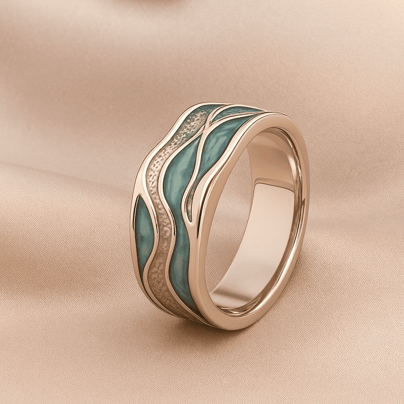 Anillo de plata con turquesa y ola del mar