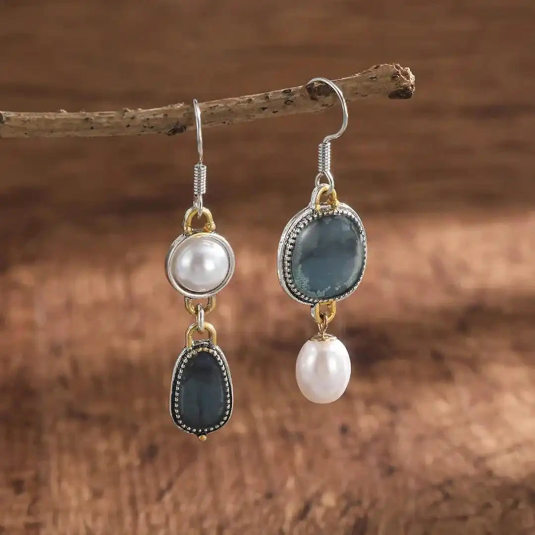 Pendientes vintage de piedra azul y perla – imagen 2
