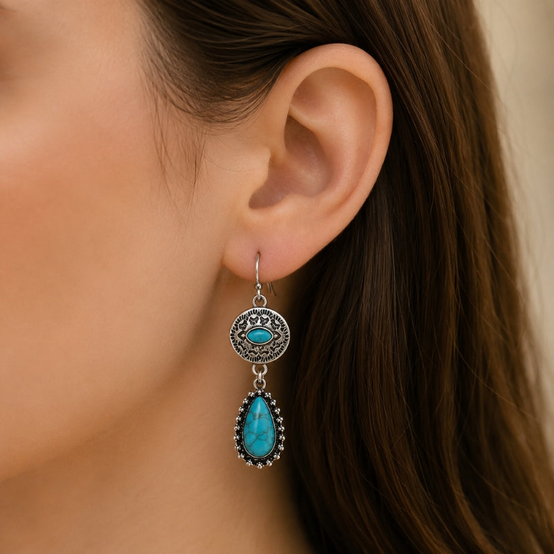Pendientes largos de medallón en turquesa