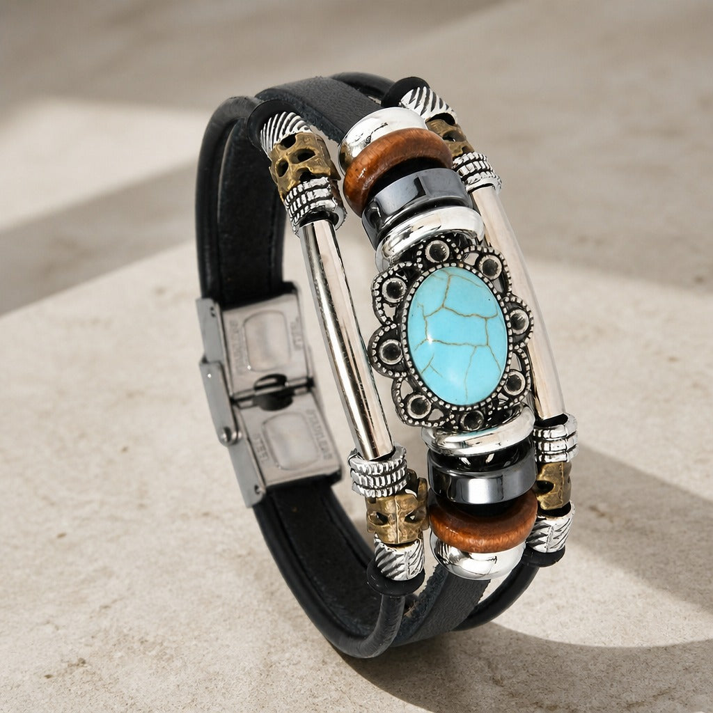 Pulsera vintage de piel con piedra turquesa