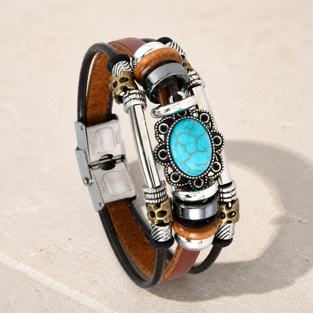 Pulsera vintage de piel con piedra turquesa – imagen 2