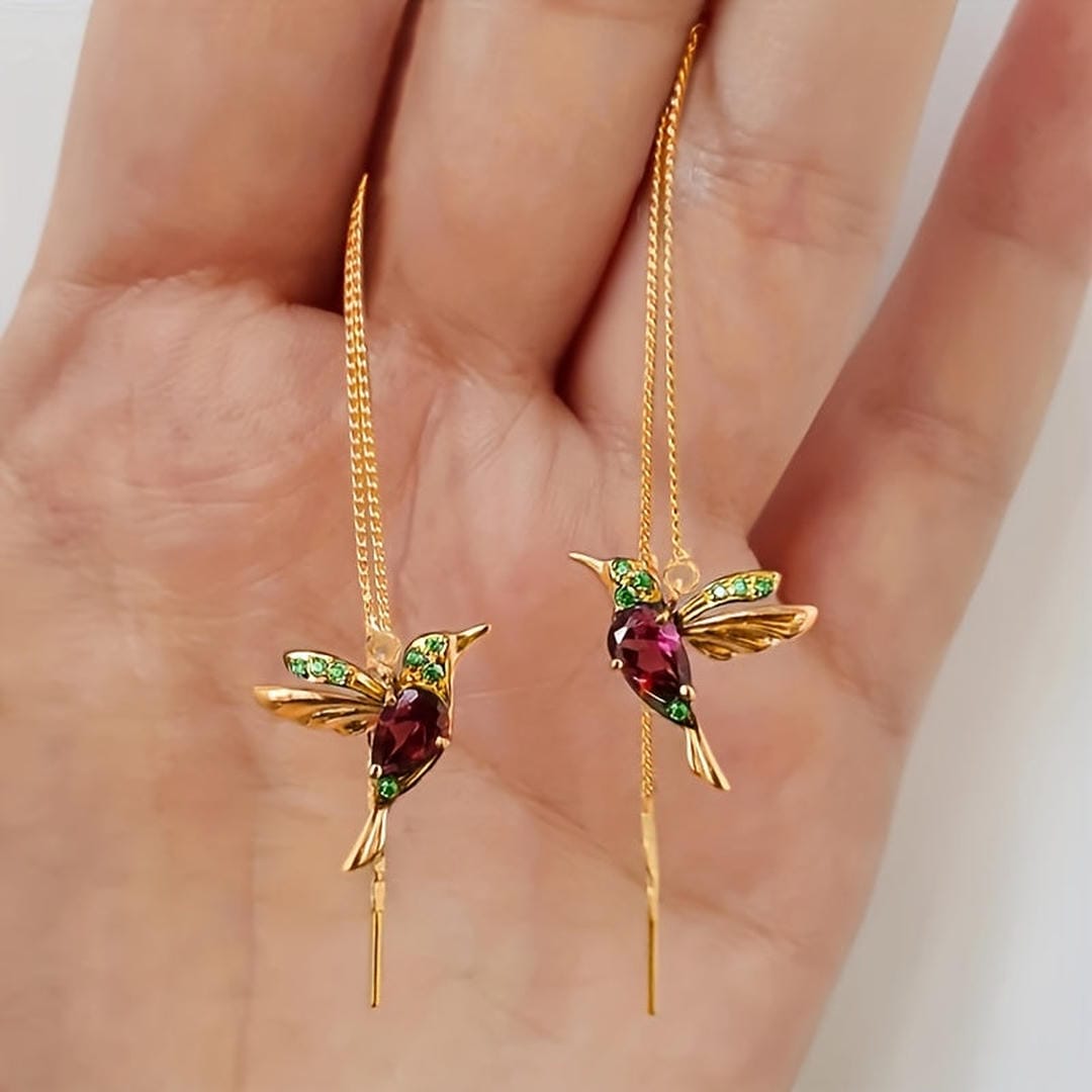 Pendientes de hilo con colibrí y gema – imagen 2