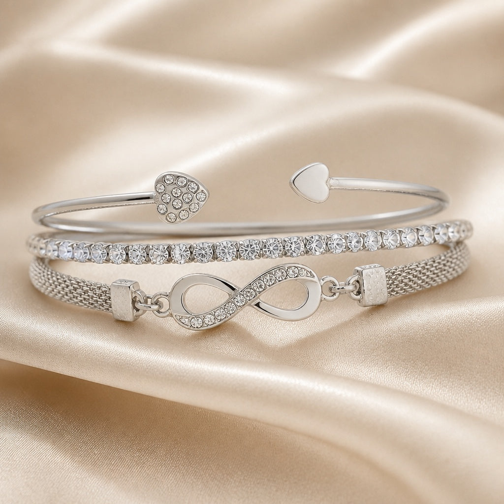 Set de pulseras infinito de strass color oro blanco