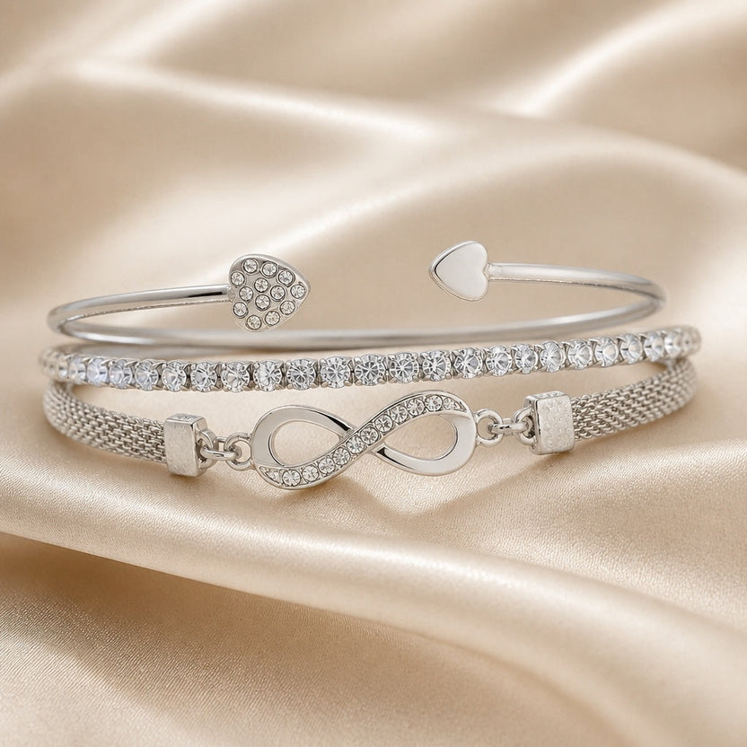Set de pulseras infinito de strass color oro blanco