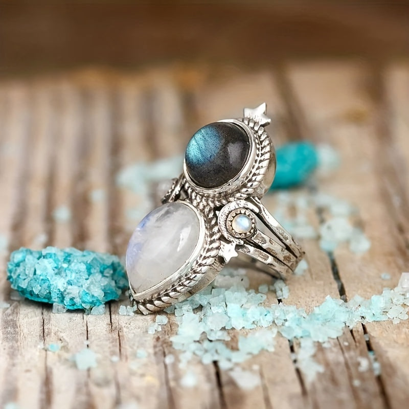 Anillo celestial de piedra de luna y labradorita en plata – imagen 2