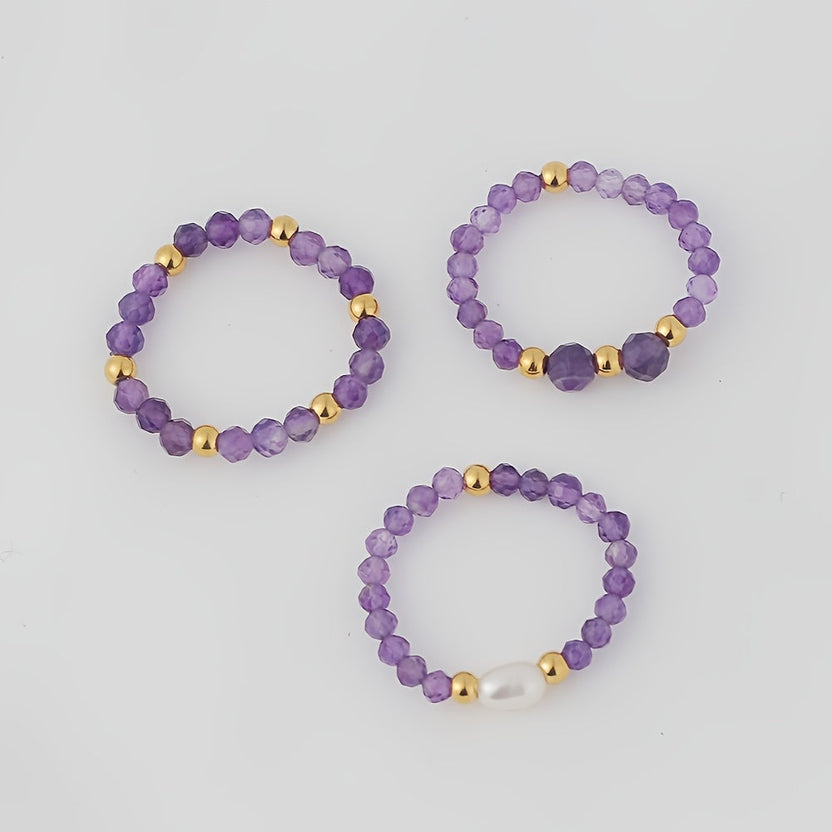 Set de 3 anillos de amatista con cuentas