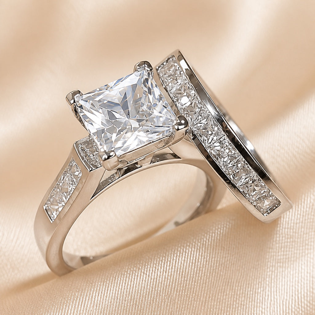 Set de anillos de circonita cuadrada en oro blanco