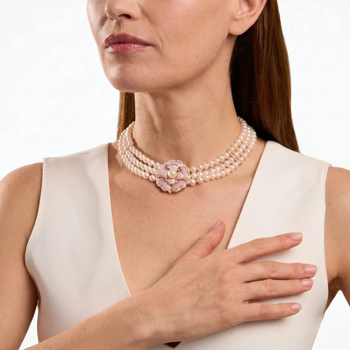 Collar de perlas Flor Rosada — Carmen, Lucía & Rocío
