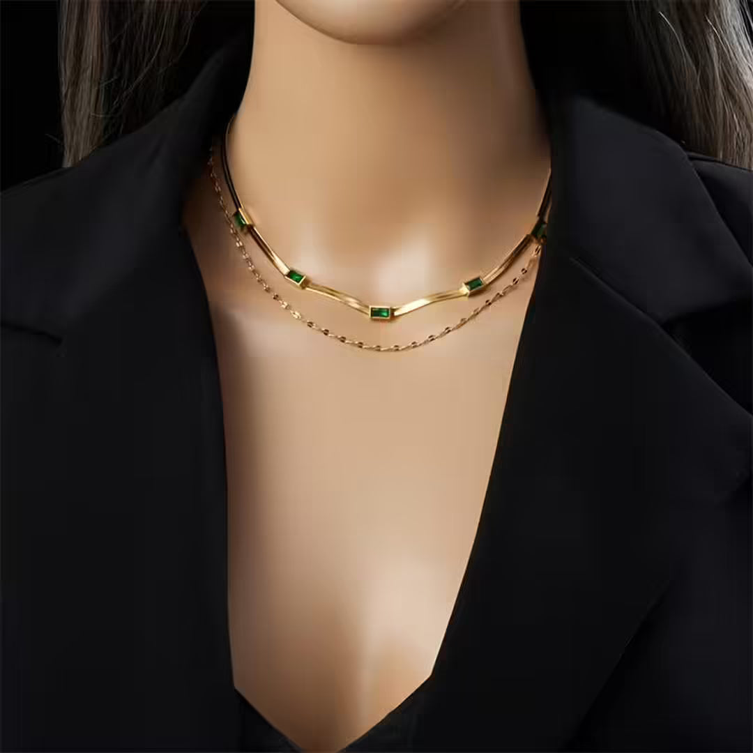 Collar retro de oro de doble capa con gema – imagen 3