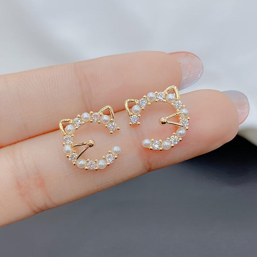 Pendientes de botón con forma de oreja de gato y círculo de perlas