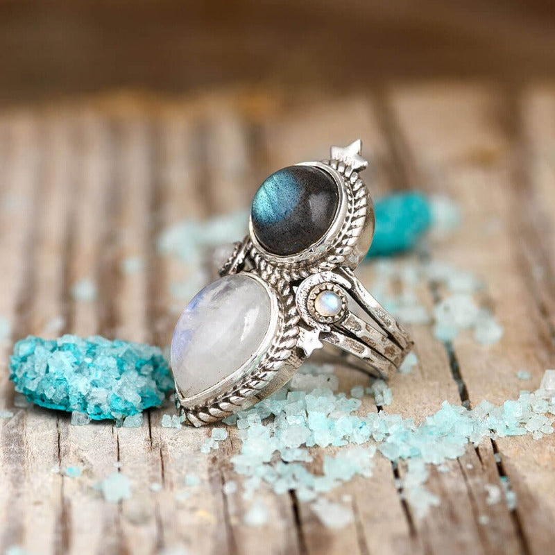 Anillo celestial de piedra lunar y labradorita – imagen 2